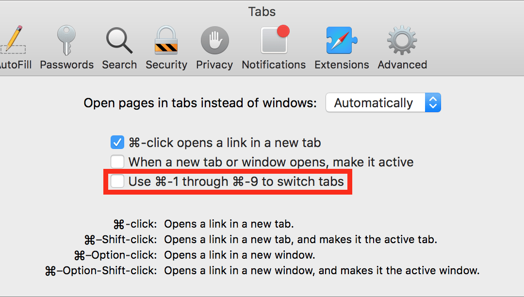 Use Command Keys for Bookmarks instead of Tabs in Safari